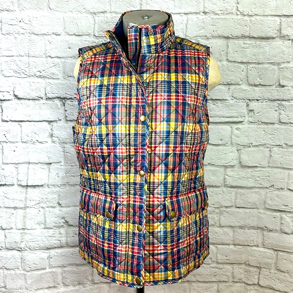 Talbots Red/Blue/Yellow Quilted Plaid Fleece Lined Vest W/Snap Pockets. Sz Small
